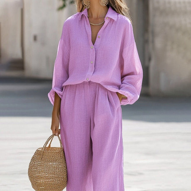 Women's Casual Lapel Long-Sleeve Shirt & Trousers Two-Piece Set – 6 Colors, S–3XL