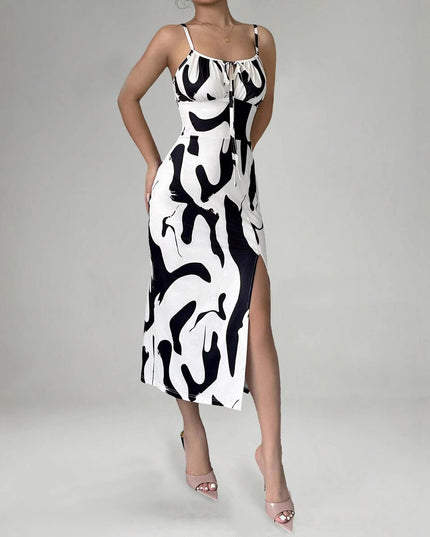 Printed Lace-Up Split Midi Dress