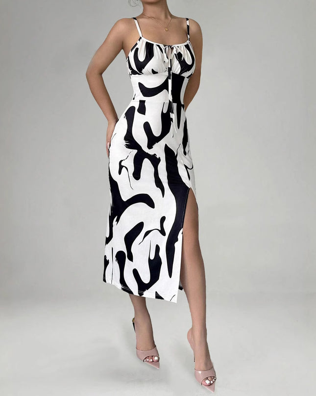 Printed Lace-Up Split Midi Dress