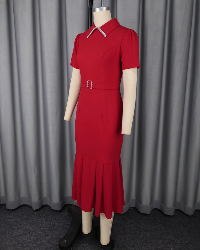 Women's Elegant High-Waist Short Sleeve Midi Dress