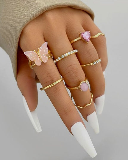 Set Of Seven Geometric Hemp Pattern Rings