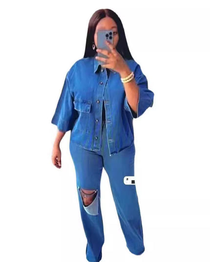 Women's Ripped Denim Shirt & Trousers Two-Piece Set