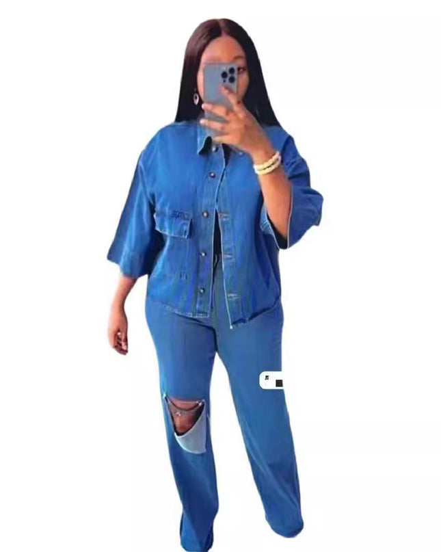 Women's Ripped Denim Shirt & Trousers Two-Piece Set