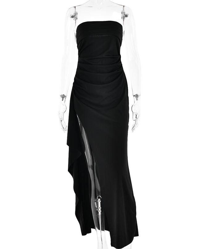 Strapless Backless Maxi Dress – Pleated A-Line Split Gown