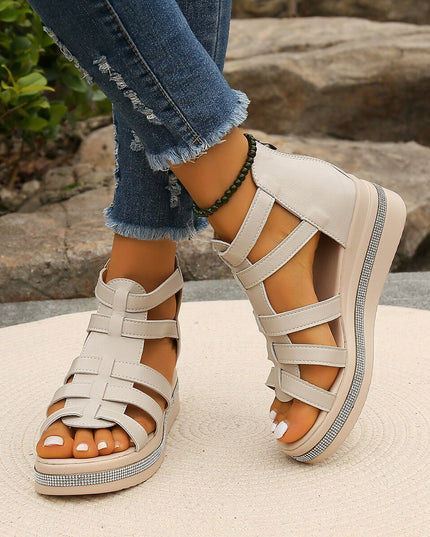 Women's Wedge Rhinestone Platform Sandals – Peep Toe, Back Zipper, 3 Colors, US 6–9