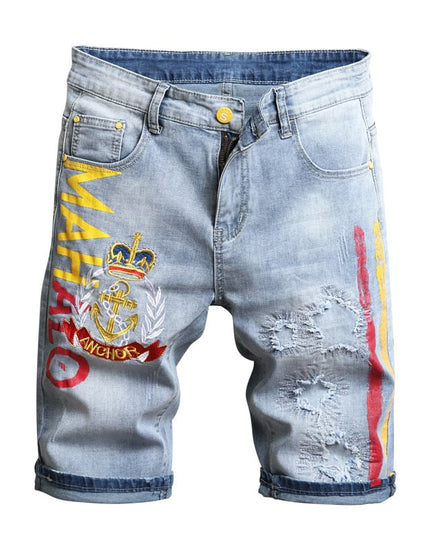Men's Stretch Denim Five-Point Shorts – Embroidered & Printed, 4 Styles, Sizes 28–38