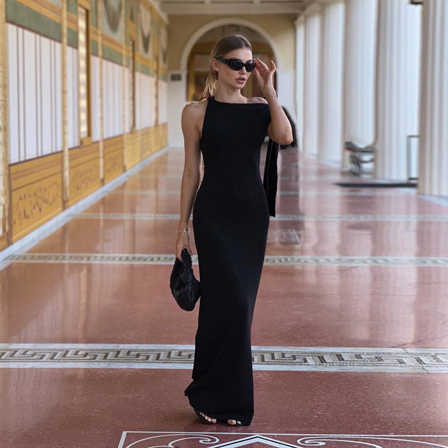 One-Shoulder Ribbon Bodycon Maxi Dress | Sleeveless Evening Party Dress for Women