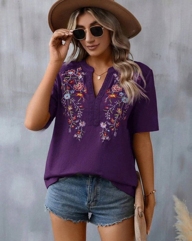 Floral Embroidery Lace-Collar Blouse