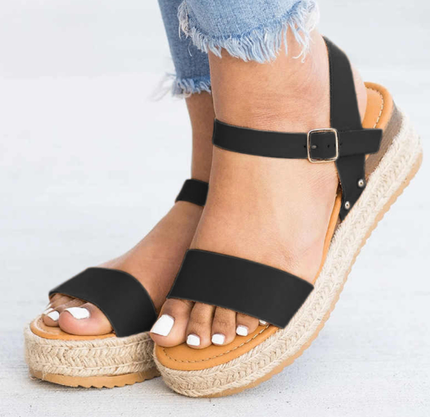 Women's Mid-Heel Platform Sandals – Open Toe, Buckle Strap, White & Black