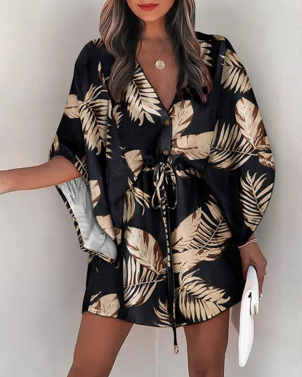 Women's Silk A-Line Printed Dress – V-Neck, Flying Sleeves, S–XXXL