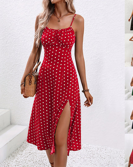 Polka Dot Suspender Maxi Dress – Flowy Split Summer Dress