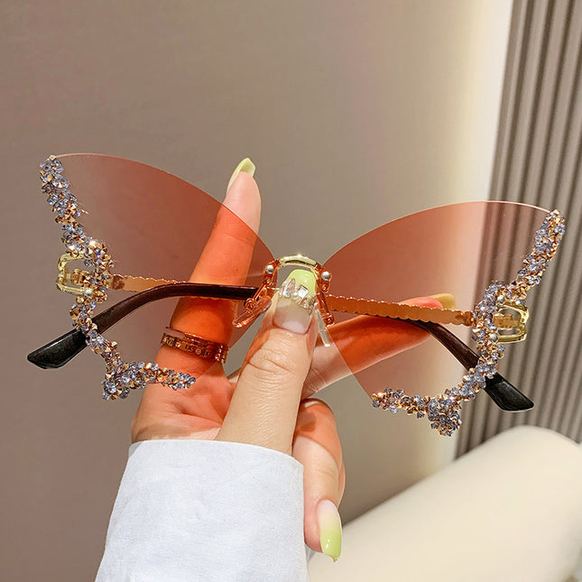 Diamond Butterfly Sunglasses – Y2K Rimless Oversized Shades