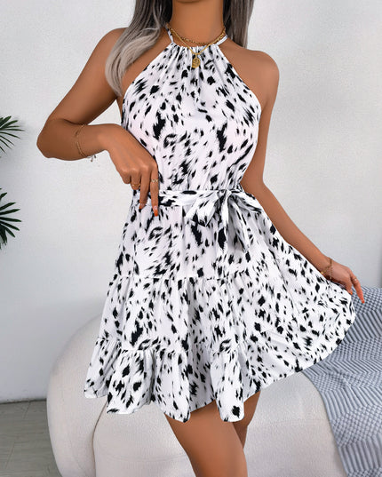 Leopard Print Ruffle Swing Dress – Halter Neck Chiffon Mini Dress