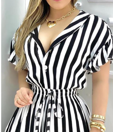 Women's Striped Print Jumpsuit – Midi Length, Red & Black, S–XL