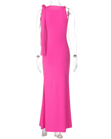 One-Shoulder Ribbon Bodycon Maxi Dress | Sleeveless Evening Party Dress for Women