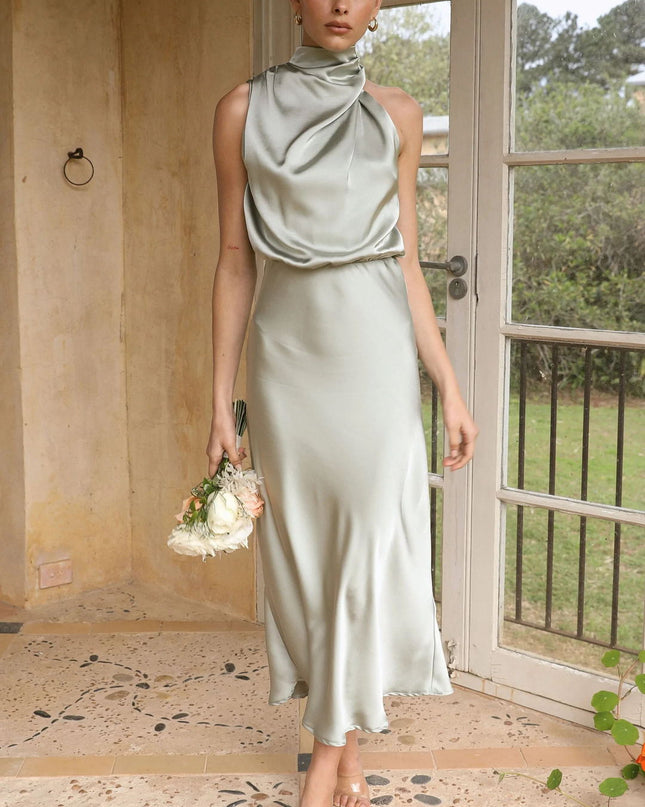 Halter Neck High Waist Maxi Dress – Sleeveless Zipper Evening Dress