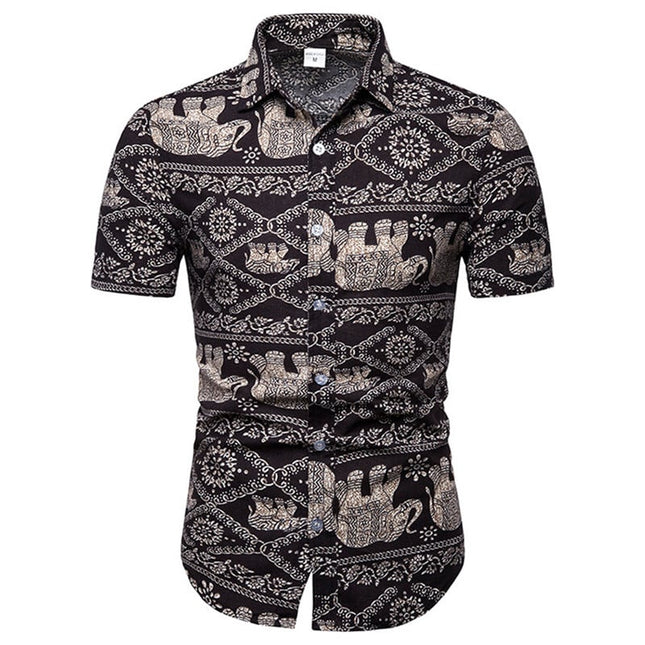 Men's Slim Fit Hawaiian Short Sleeve Shirt – Square Collar, Black, M–5XL