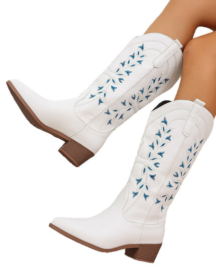 Women's Embroidered Western Cowboy Boots – Chunky Heel Pointed Toe | Brown & White | EU 36–43