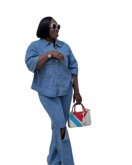 Women's Ripped Denim Shirt & Trousers Two-Piece Set