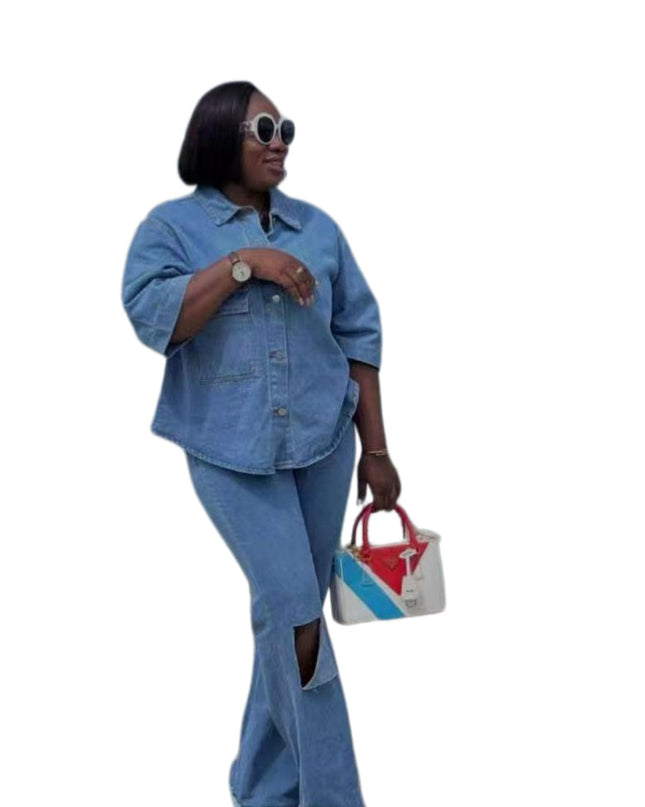 Women's Ripped Denim Shirt & Trousers Two-Piece Set