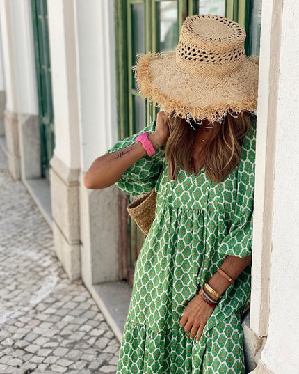 Vintage Floral Bohemian Maxi Dress | V-Neck Short Sleeve Long Dress for Women