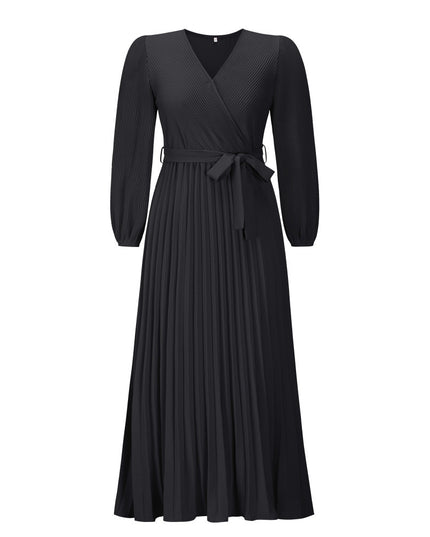 Women's V-Neck Long Sleeve Pleated A-Line Dress – Ice Silk, 5 Colors, S–XXL