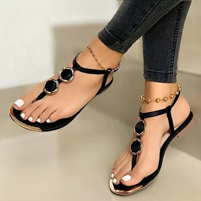 Women's Metal Buckle Flat Sandals – Round Toe, Euro-American Style, 3 Colors, US 6–12