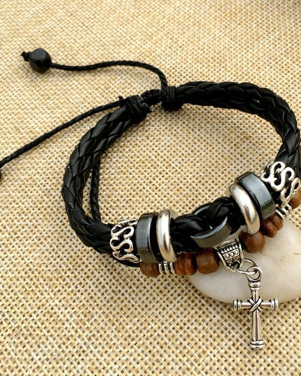 Men's Cross Stud Braided Leather Bracelet – Punk & Faith Style | Brown & Black | 6 Designs