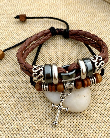 Men's Cross Stud Braided Leather Bracelet – Punk & Faith Style | Brown & Black | 6 Designs