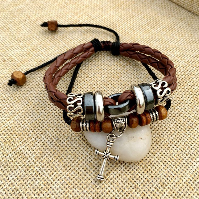 Men's Cross Stud Braided Leather Bracelet – Punk & Faith Style | Brown & Black | 6 Designs