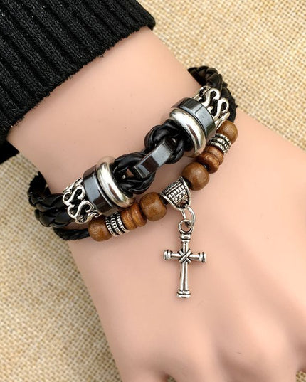 Men's Cross Stud Braided Leather Bracelet – Punk & Faith Style | Brown & Black | 6 Designs