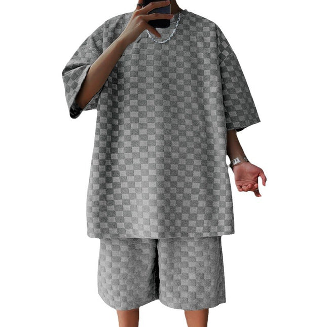 Men's Jacquard Plaid Casual Shorts Suit – Loose Fit 2-Piece Set | 4 Colors | S–XXXL