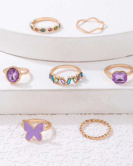 Set Of Seven Geometric Hemp Pattern Rings