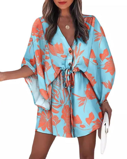Women's Silk A-Line Printed Dress – V-Neck, Flying Sleeves, S–XXXL
