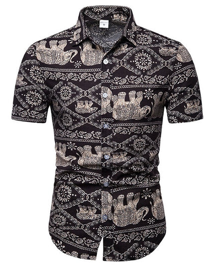 Men's Slim Fit Hawaiian Short Sleeve Shirt – Square Collar, Black, M–5XL