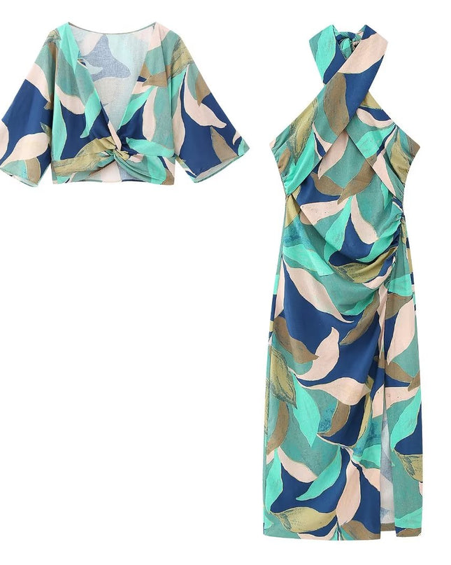Abstract Print Linen Two-Piece Set | Jacket Top & Midi Skirt Dress