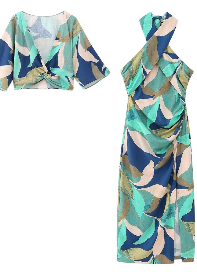 Abstract Print Linen Two-Piece Set | Jacket Top & Midi Skirt Dress