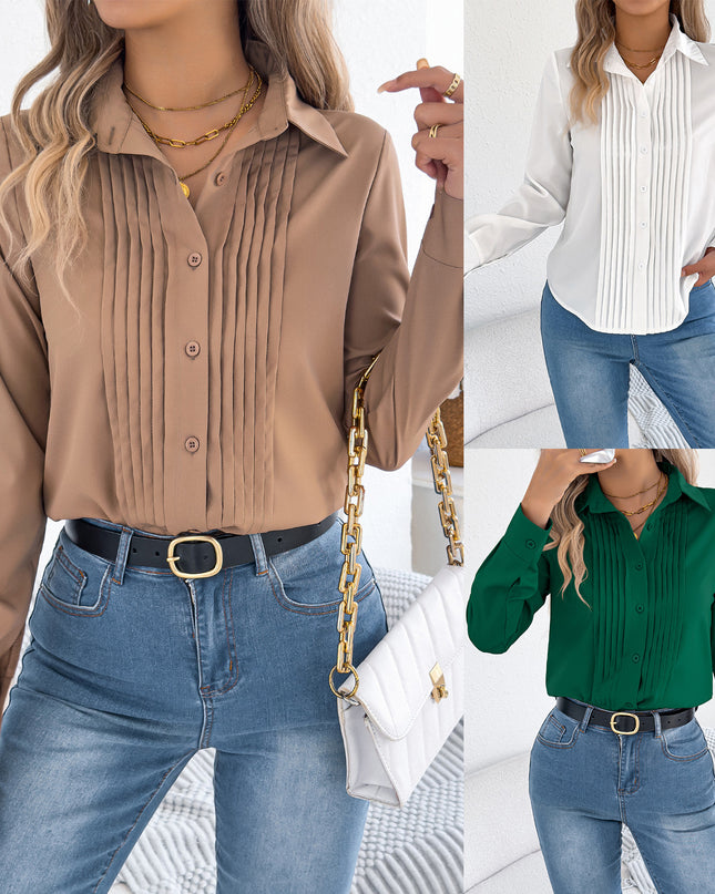 Women's Pleated Button-Up Long Sleeve Business Shirt – 4-Way Stretch, 3 Colors, S–XL