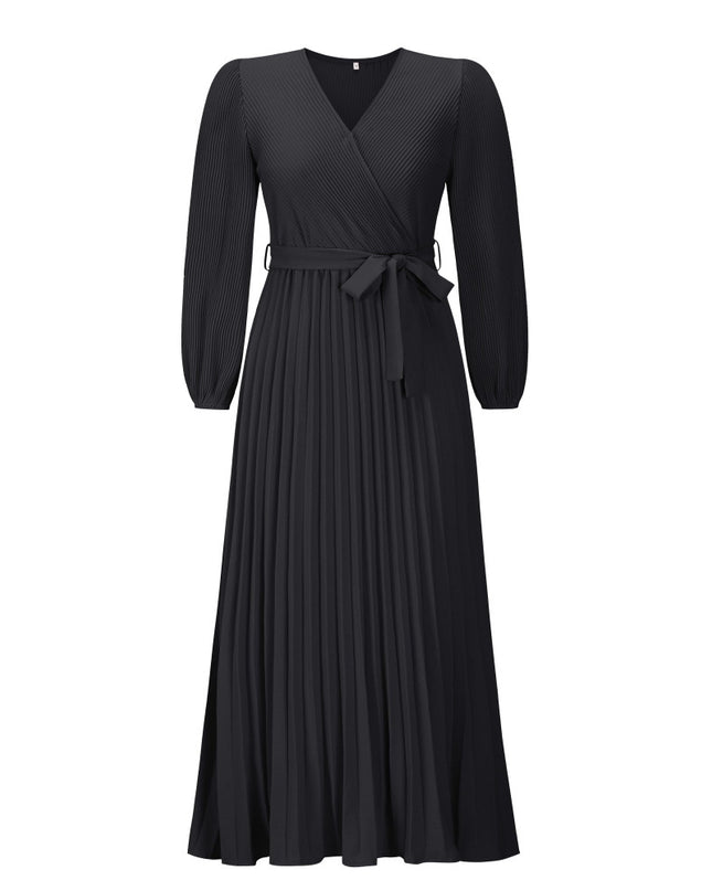 Women's V-Neck Long Sleeve Pleated A-Line Dress – Ice Silk, 5 Colors, S–XXL