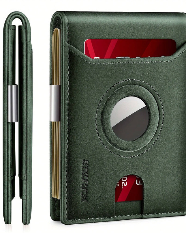Men's Genuine Leather Slim Bifold Wallet with AirTag Holder & RFID Blocking