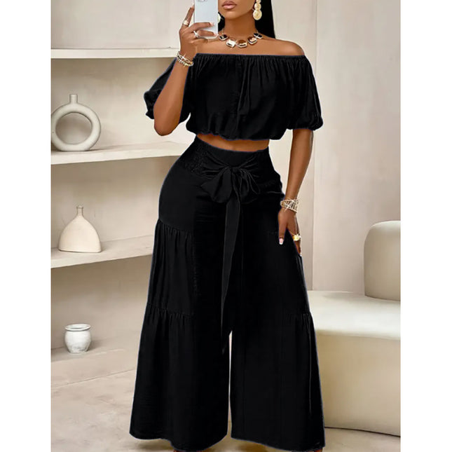 Women's Elegant Two-Piece Set |  Top & High-Waisted Flared Pants