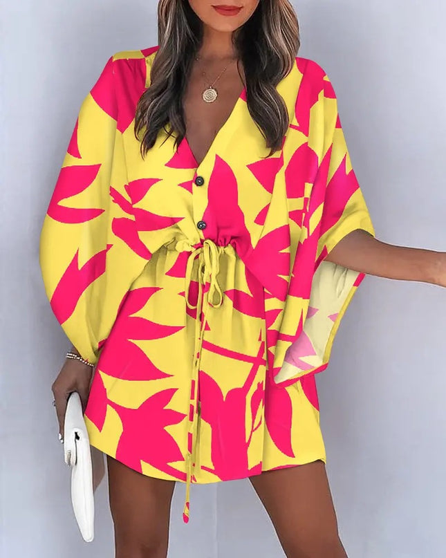 Women's Silk A-Line Printed Dress – V-Neck, Flying Sleeves, S–XXXL