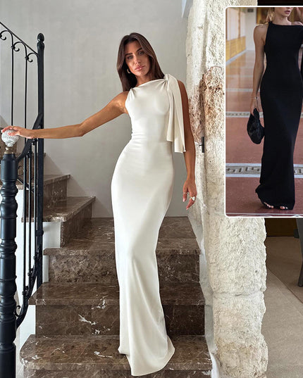One-Shoulder Ribbon Bodycon Maxi Dress | Sleeveless Evening Party Dress for Women
