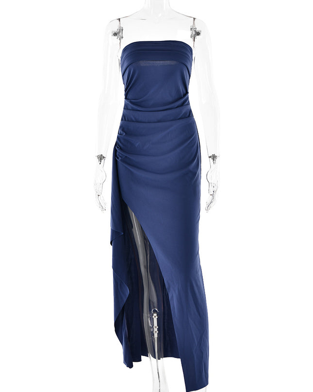 Strapless Backless Maxi Dress – Pleated A-Line Split Gown