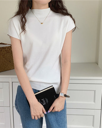 Women's Ice Silk Knit Top – Half-High Collar, Slim Fit, 9 Colors