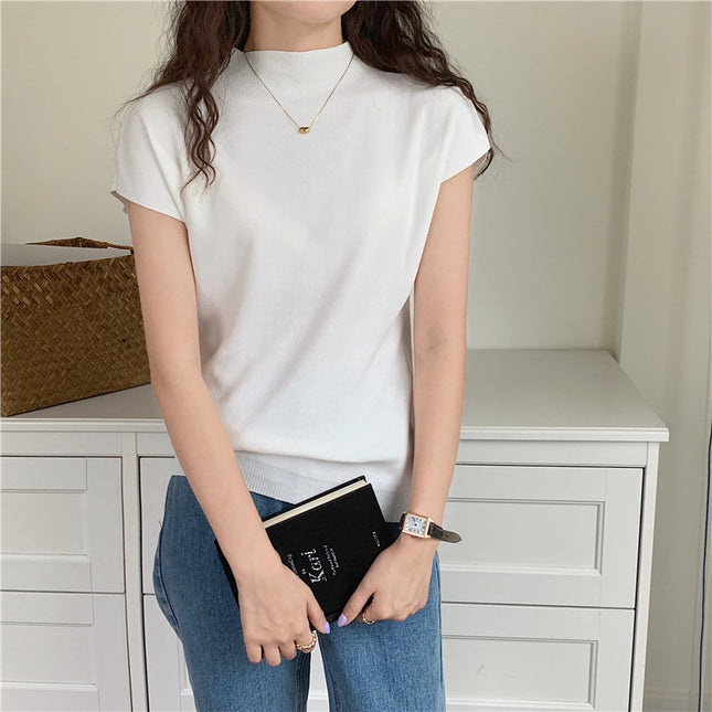 Women's Ice Silk Knit Top – Half-High Collar, Slim Fit, 9 Colors