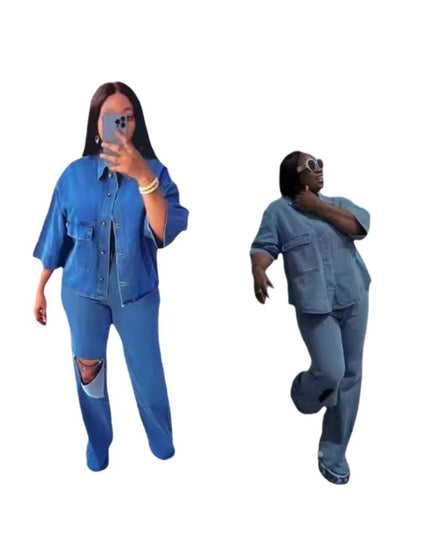 Women's Ripped Denim Shirt & Trousers Two-Piece Set