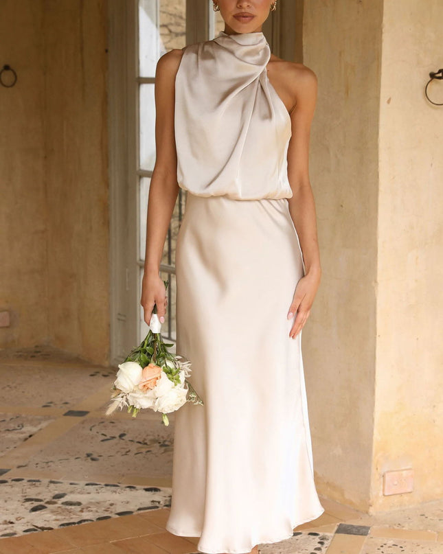 Halter Neck High Waist Maxi Dress – Sleeveless Zipper Evening Dress