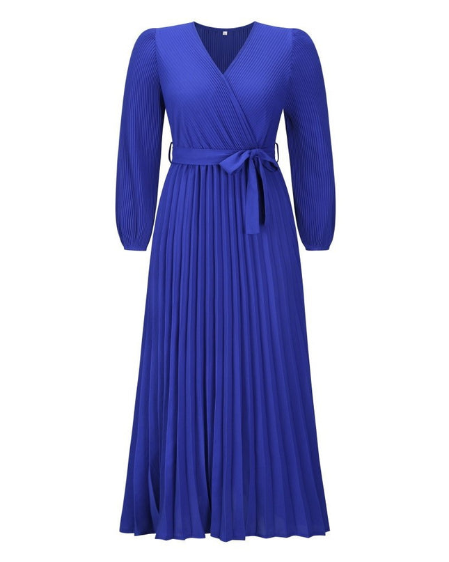 Women's V-Neck Long Sleeve Pleated A-Line Dress – Ice Silk, 5 Colors, S–XXL