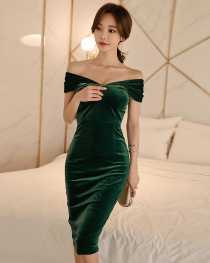 Women's Velvet Bodycon Midi Dress – Elegant Cocktail Dress, 3 Colors, S–2XL